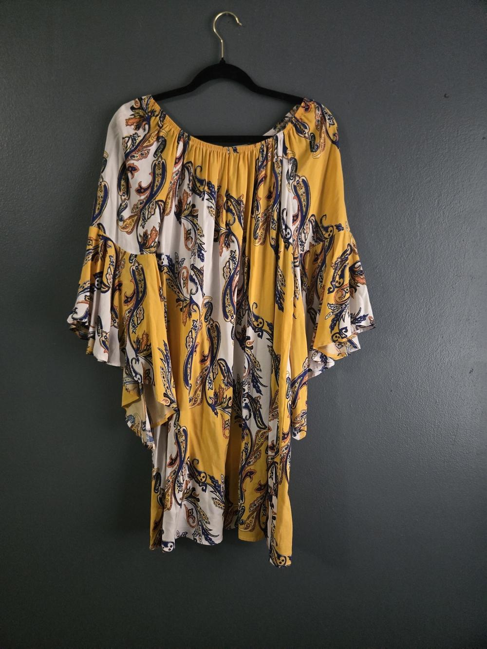 Yellow Paisley Print Off-Shoulder Ruffled Bell Sleeve Tunic Dress Medium